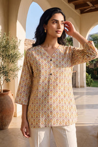 Beige Floral Printed Pure Cotton Straight Kurti