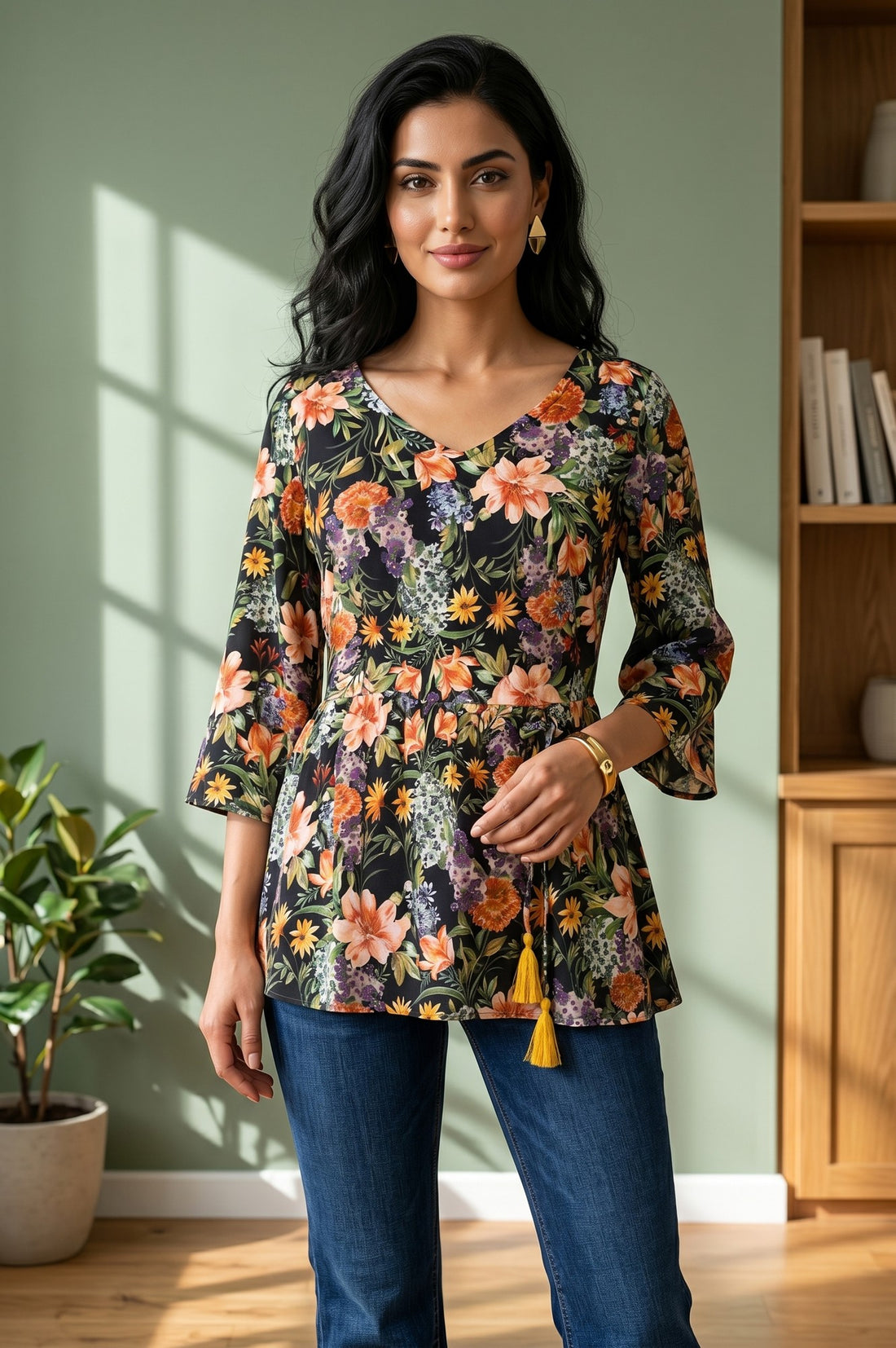 Black Floral Printed Rayon A-line Kurti