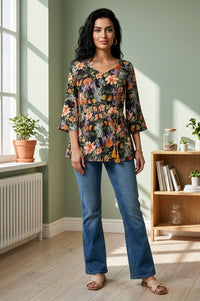 Black Floral Printed Rayon A-line Kurti