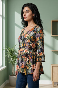 Black Floral Printed Rayon A-line Kurti