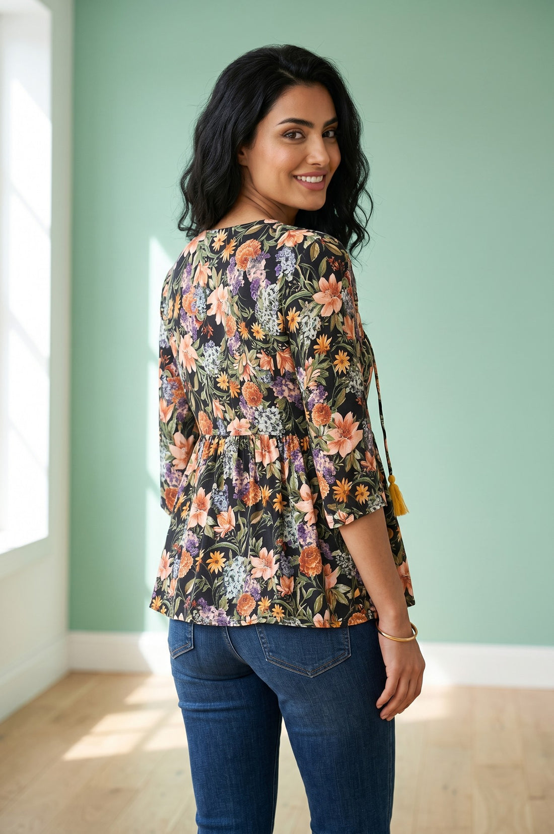 Black Floral Printed Rayon A-line Kurti