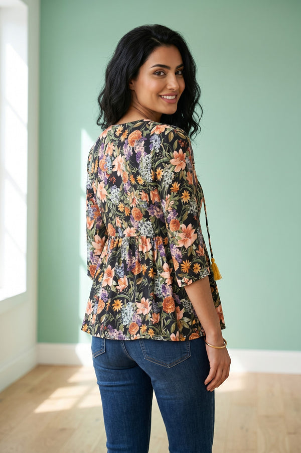 Black Floral Printed Rayon A-line Kurti