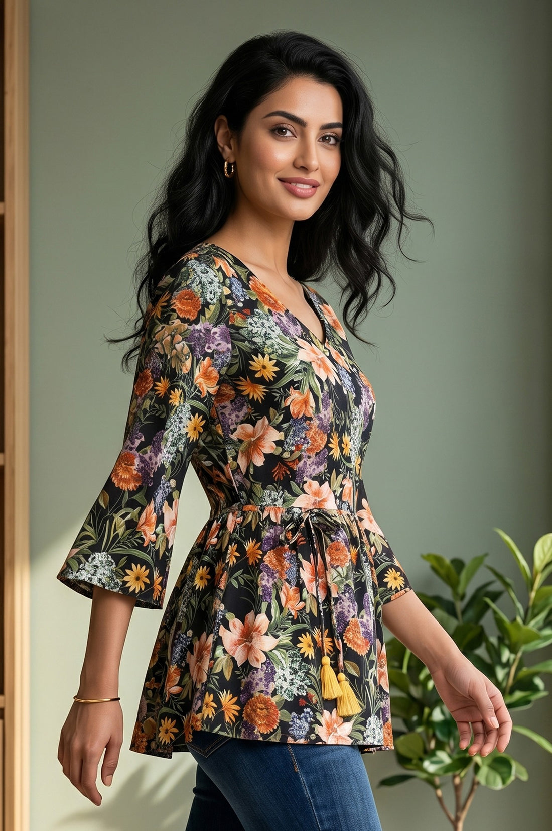 Black Floral Printed Rayon A-line Kurti