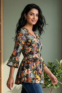Black Floral Printed Rayon A-line Kurti