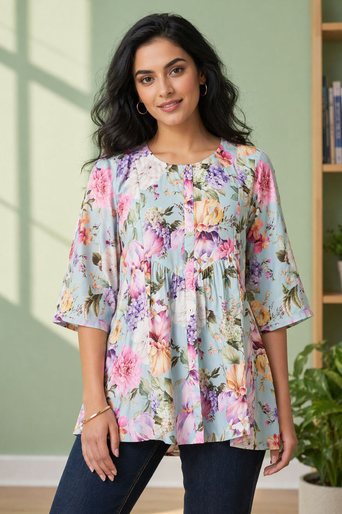 Blue Floral Printed Rayon Flared Kurti