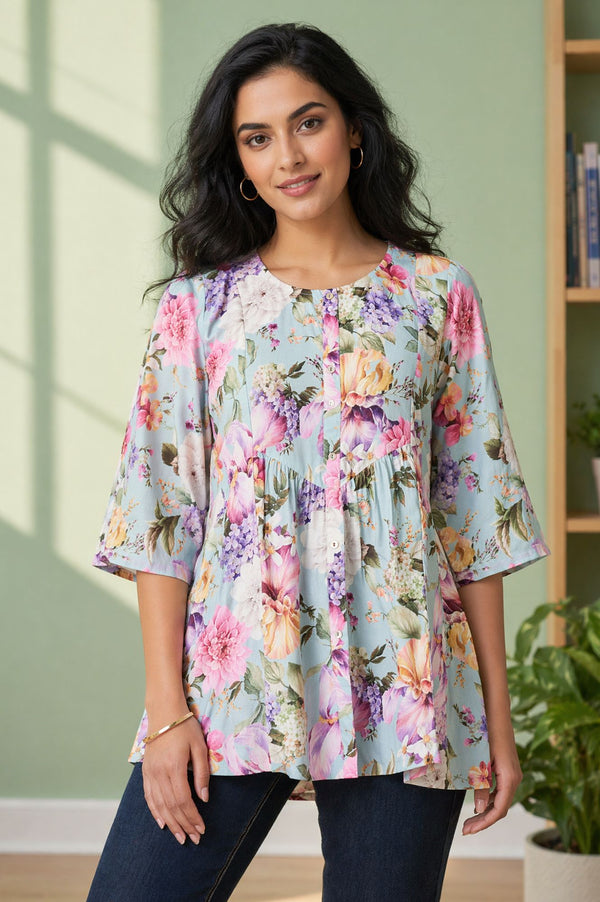 Blue Floral Printed Rayon Flared Kurti
