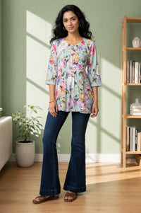 Blue Floral Printed Rayon Flared Kurti