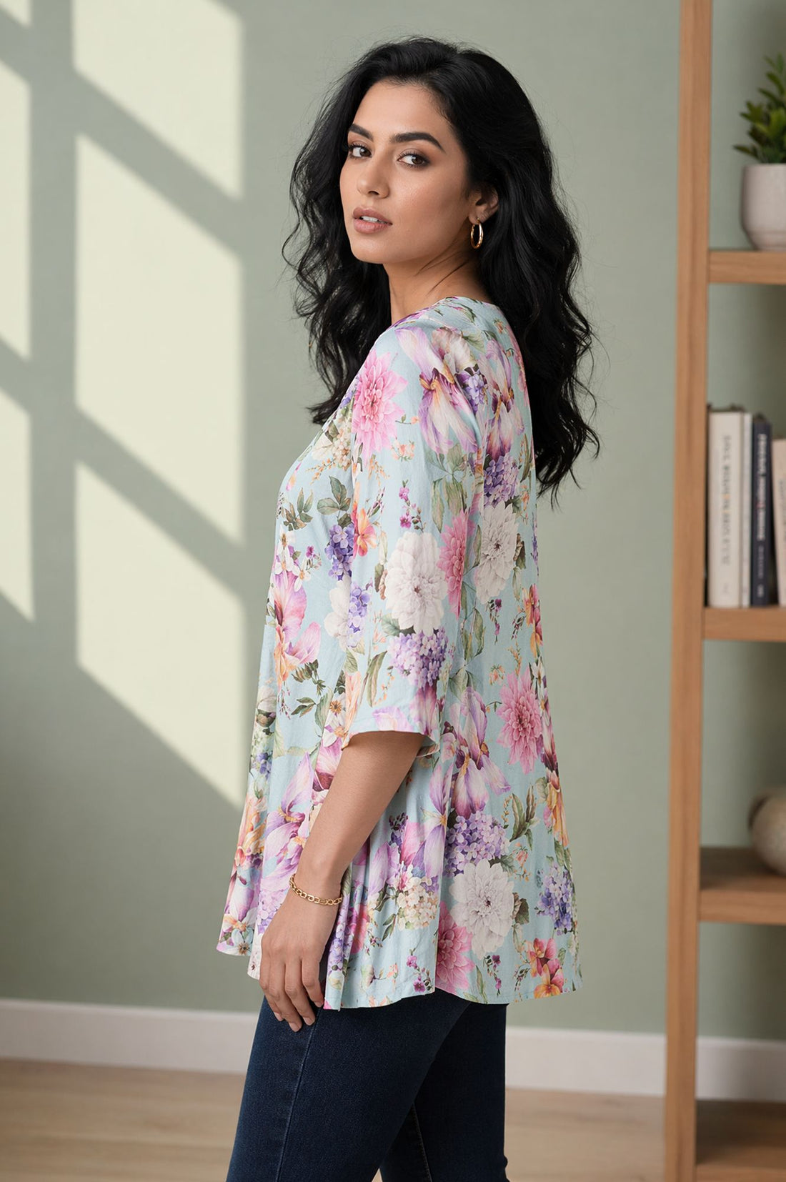 Blue Floral Printed Rayon Flared Kurti
