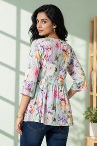 Blue Floral Printed Rayon Flared Kurti