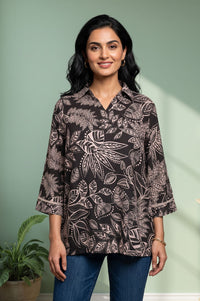 Black Floral Printed Rayon Straight Kurti
