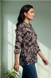 Black Floral Printed Rayon Straight Kurti