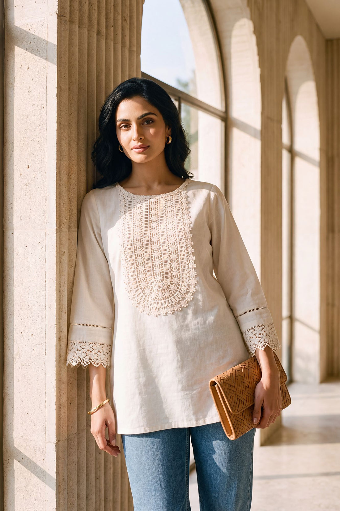 Off White Solid Yarn Dyed Cotton Linen Straight Kurti with Lace