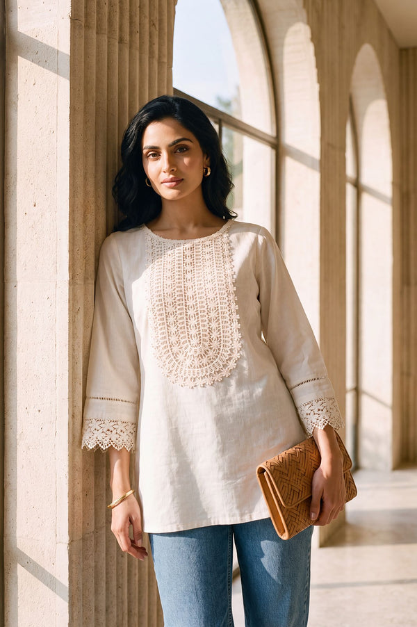 Off White Solid Yarn Dyed Cotton Linen Straight Kurti with Lace