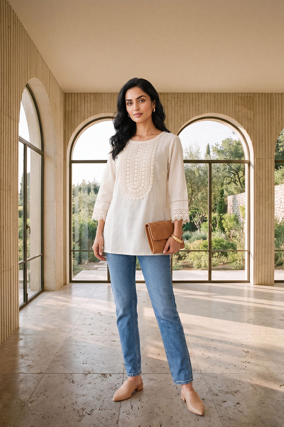 Off White Solid Yarn Dyed Cotton Linen Straight Kurti with Lace