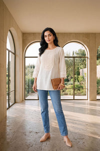Off White Solid Yarn Dyed Cotton Linen Straight Kurti with Lace