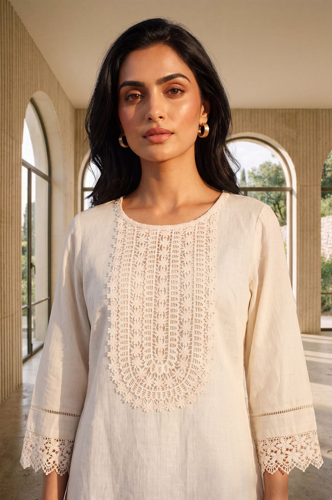 Off White Solid Yarn Dyed Cotton Linen Straight Kurti with Lace