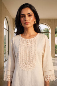 Off White Solid Yarn Dyed Cotton Linen Straight Kurti with Lace