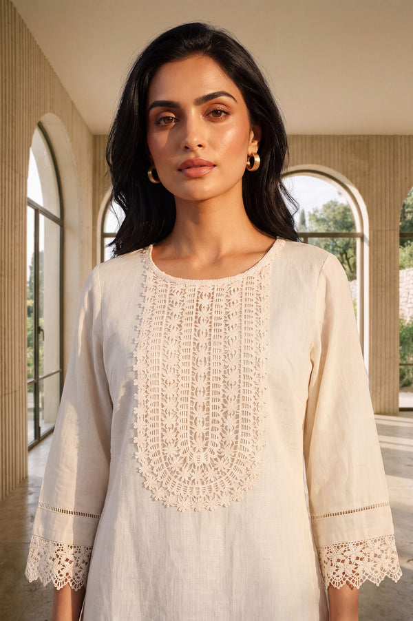 Off White Solid Yarn Dyed Cotton Linen Straight Kurti with Lace