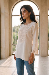 Off White Solid Yarn Dyed Cotton Linen Straight Kurti with Lace