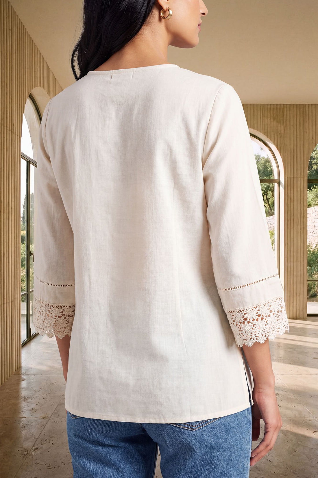 Off White Solid Yarn Dyed Cotton Linen Straight Kurti with Lace
