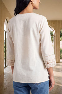 Off White Solid Yarn Dyed Cotton Linen Straight Kurti with Lace