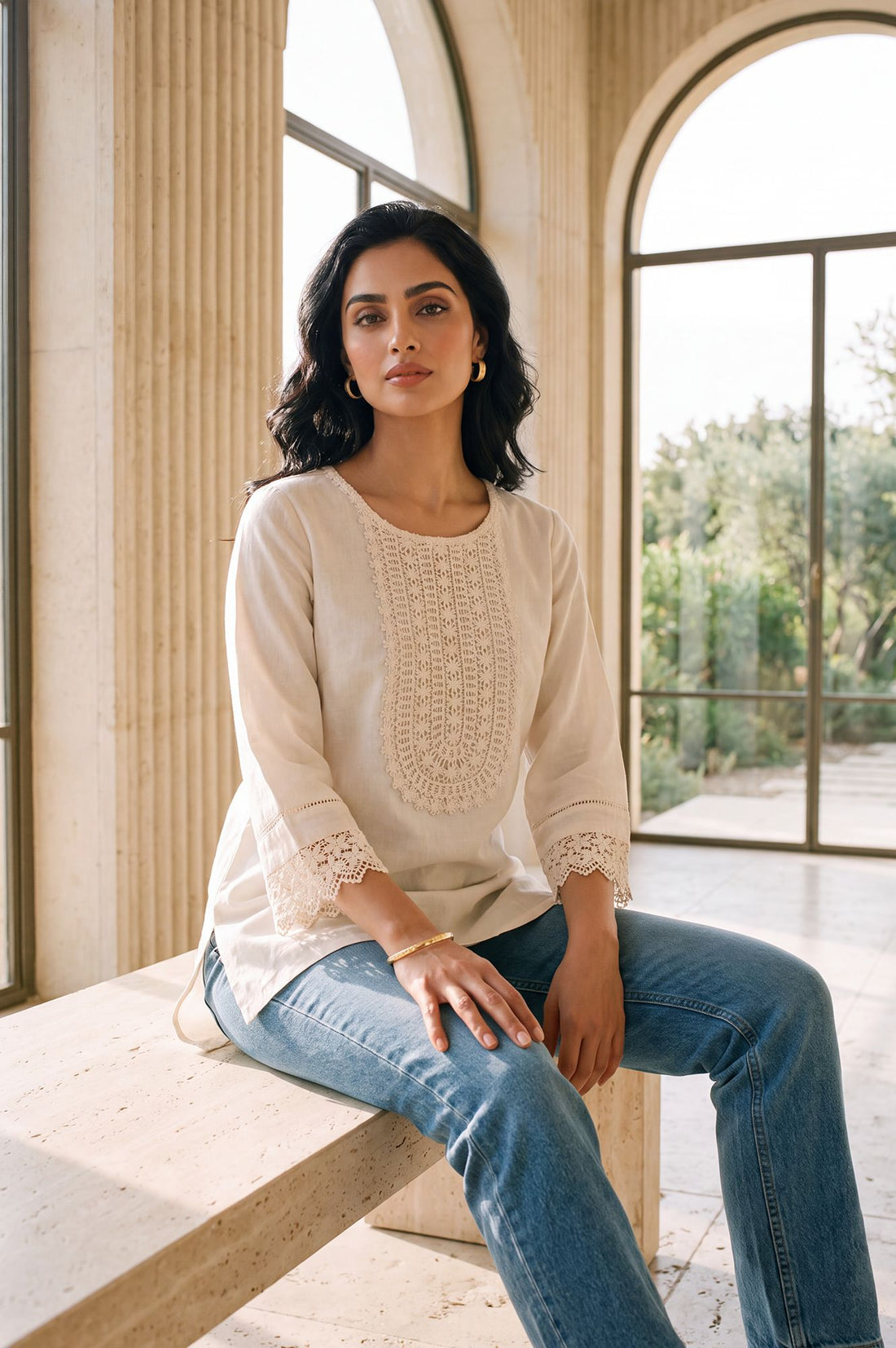 Off White Solid Yarn Dyed Cotton Linen Straight Kurti with Lace