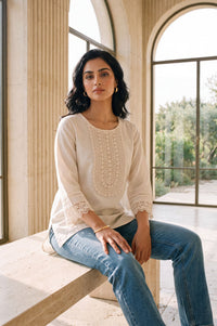 Off White Solid Yarn Dyed Cotton Linen Straight Kurti with Lace
