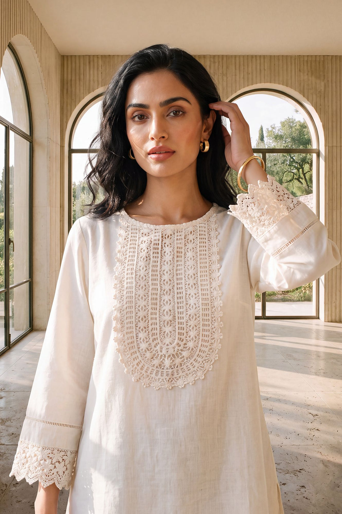 Off White Solid Yarn Dyed Cotton Linen Straight Kurti with Lace
