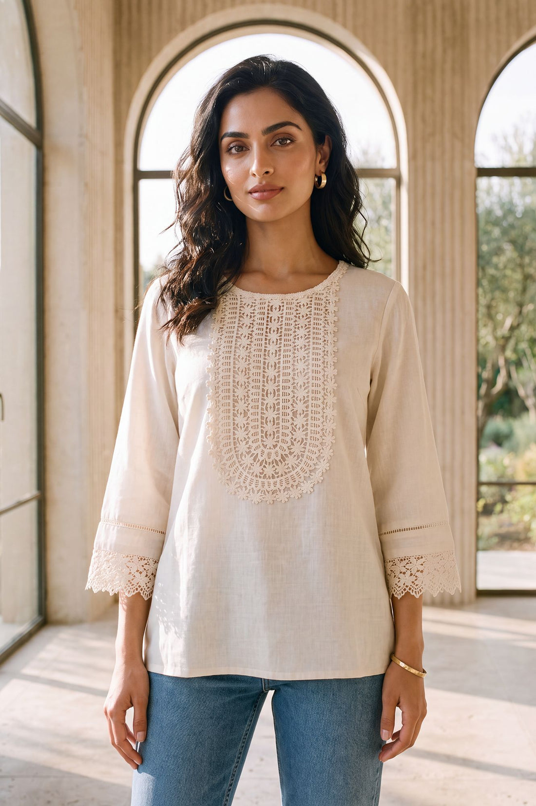 Off White Solid Yarn Dyed Cotton Linen Straight Kurti with Lace