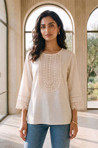 Off White Solid Yarn Dyed Cotton Linen Straight Kurti with Lace