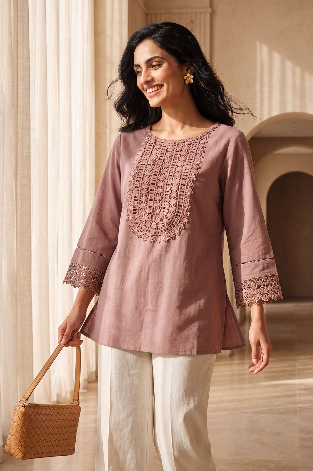 Mauve Solid Yarn Dyed Cotton Linen Straight Kurti with Lace