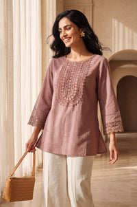 Mauve Solid Yarn Dyed Cotton Linen Straight Kurti with Lace