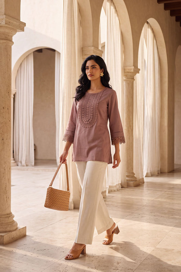 Mauve Solid Yarn Dyed Cotton Linen Straight Kurti with Lace