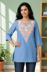Blue Yarn Dyed Embroidered Lyocell Straight Kurta