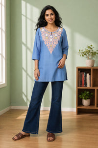 Blue Yarn Dyed Embroidered Lyocell Straight Kurta