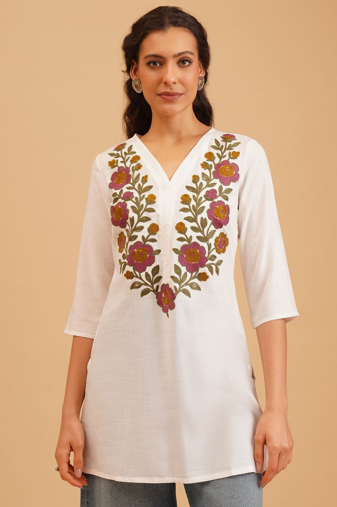 White Embroidered Rayon Straight Kurti