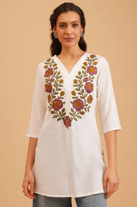 White Embroidered Rayon Straight Kurti