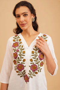 White Embroidered Rayon Straight Kurti