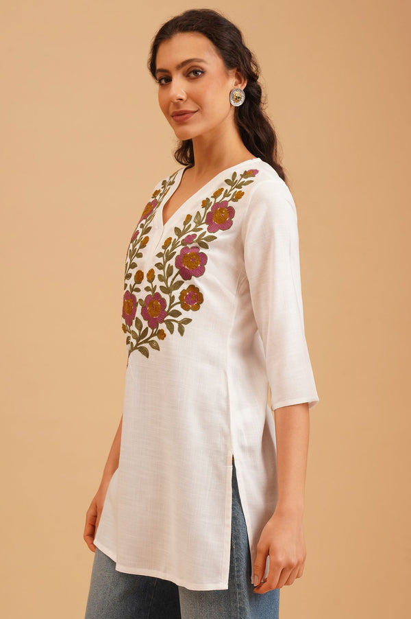 White Embroidered Rayon Straight Kurti