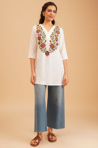 White Embroidered Rayon Straight Kurti