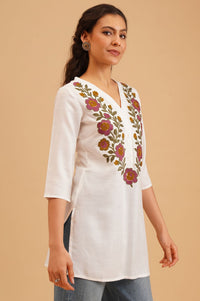 White Embroidered Rayon Straight Kurti