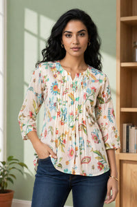 Off White Floral Printed Pure Cotton A-line Kurta with Pintucks