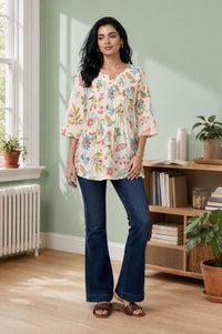 Off White Floral Printed Pure Cotton A-line Kurta with Pintucks