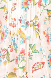 Off White Floral Printed Pure Cotton A-line Kurta with Pintucks