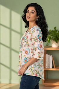 Off White Floral Printed Pure Cotton A-line Kurta with Pintucks
