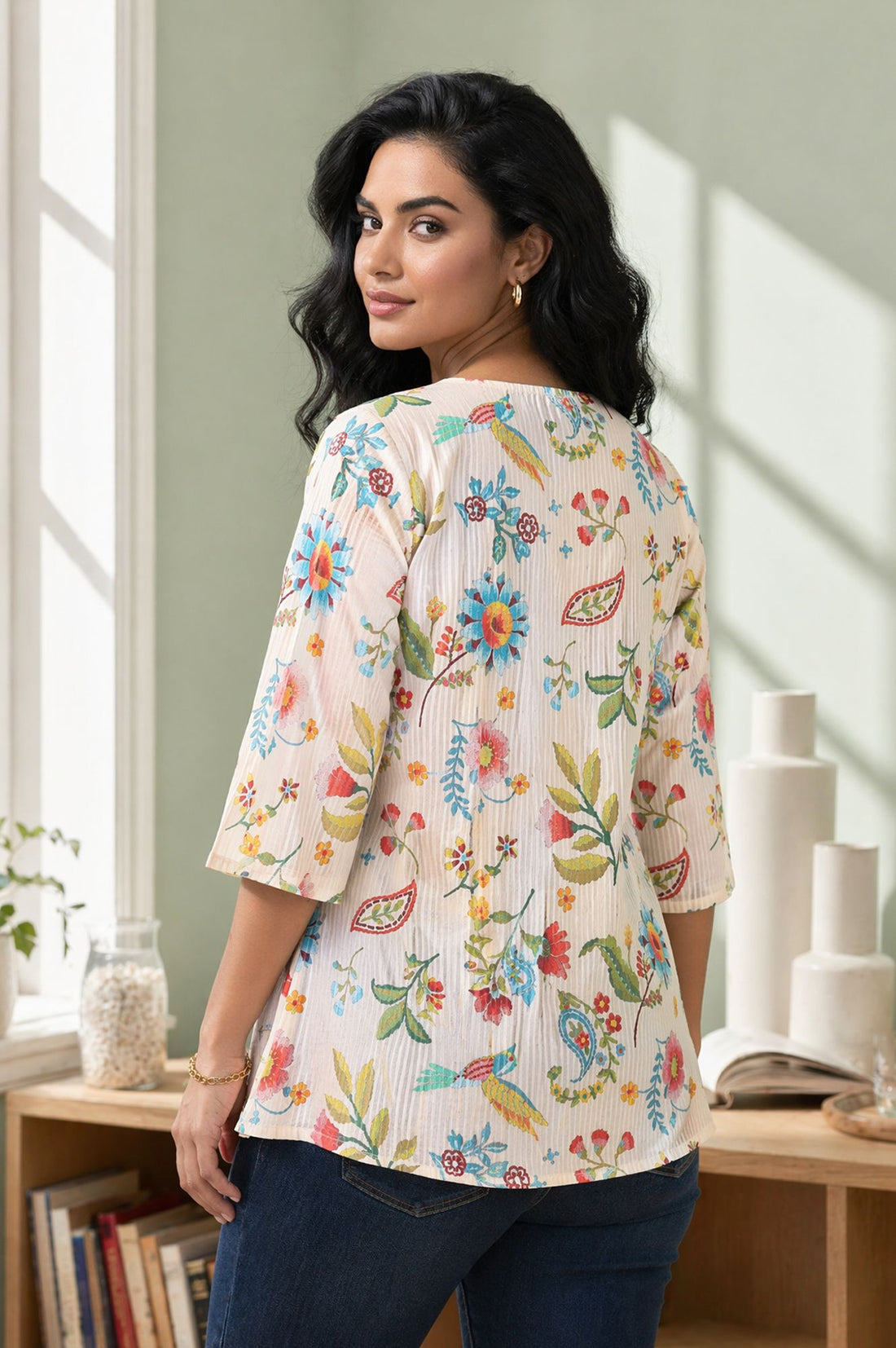 Off White Floral Printed Pure Cotton A-line Kurta with Pintucks