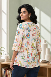 Off White Floral Printed Pure Cotton A-line Kurta with Pintucks