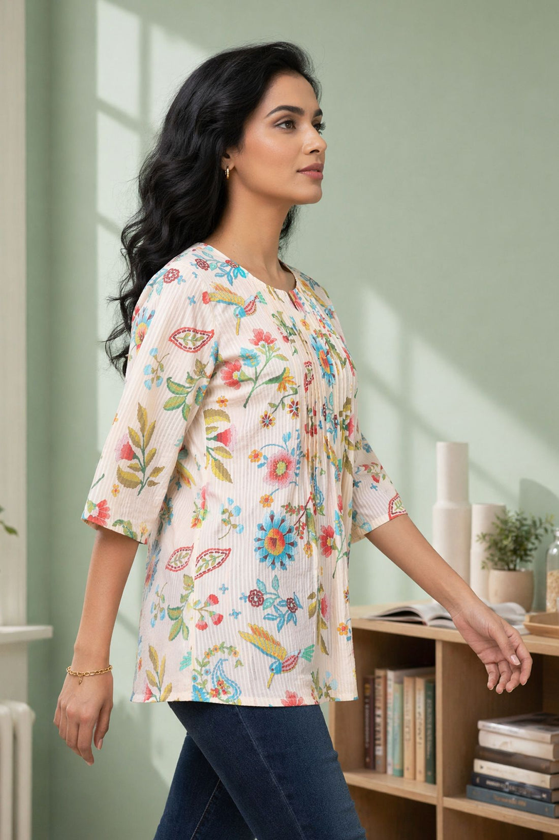 Off White Floral Printed Pure Cotton A-line Kurta with Pintucks