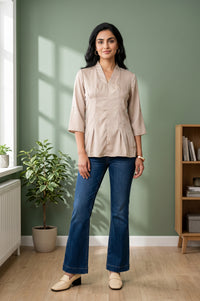 Beige Solid Satin Straight Kurti