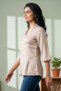 Beige Solid Satin Straight Kurti